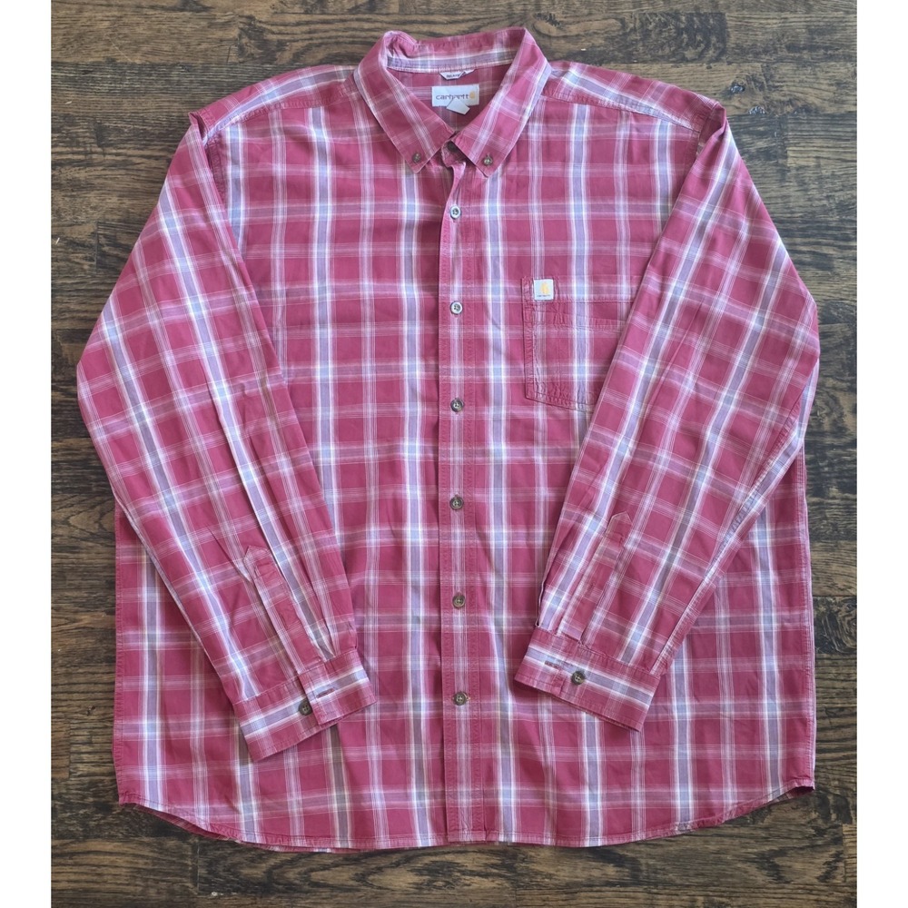 Carhartt Men's Red Plaid Relaxed Fit Long Sleeve Collared Button-Up Shirt 2XL